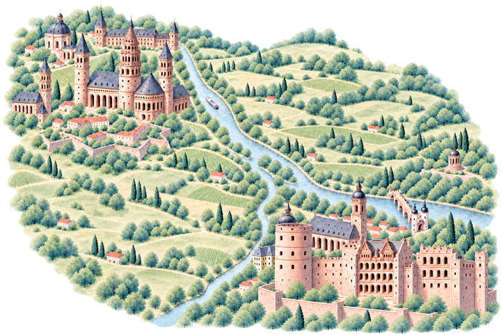 A drawn map of the region with Mainz Cathedral at the top, a river through fields and vineyards, and Heidelberg Castle at the bottom.