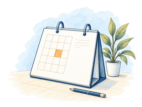 A drawn desk calendar with one marked appointment beside a potted plant.