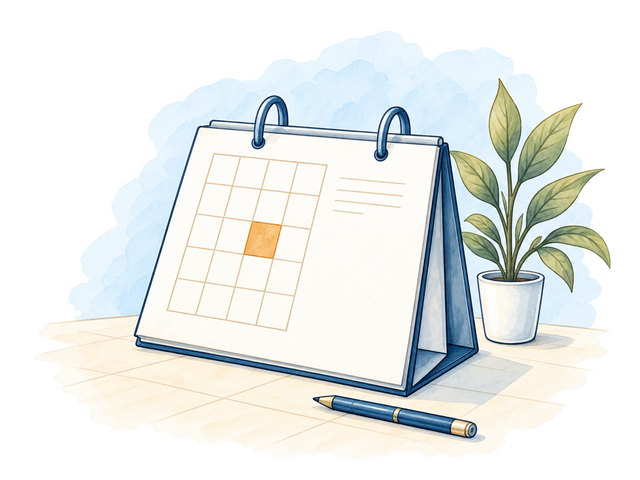 A drawn desk calendar with one booked slot, a pen, and a potted plant.