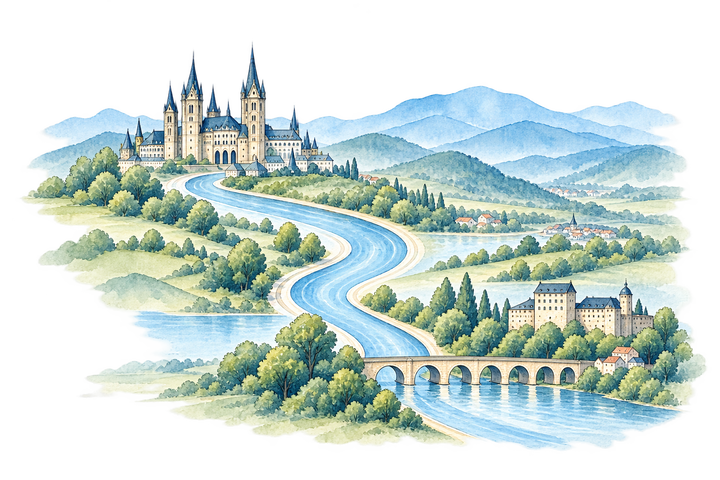 A drawn landscape with the cathedral of Mainz above and Heidelberg castle with its old bridge below.