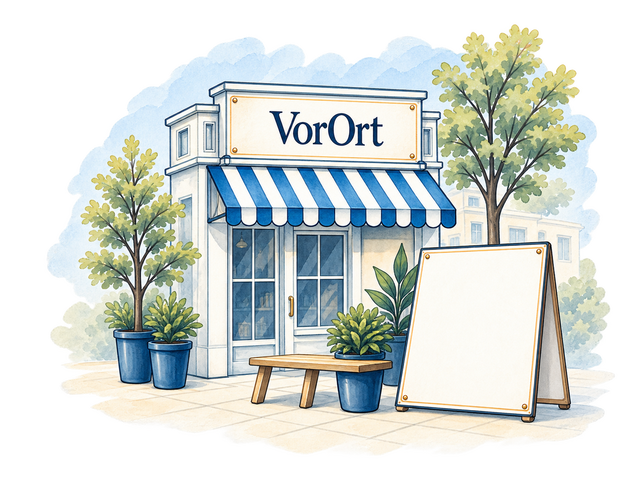 A drawn shop front with a striped awning, a blank sandwich board, and potted trees.