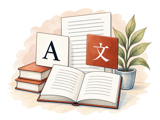 Drawn books and cards with a Latin letter and a Chinese character beside an open book.