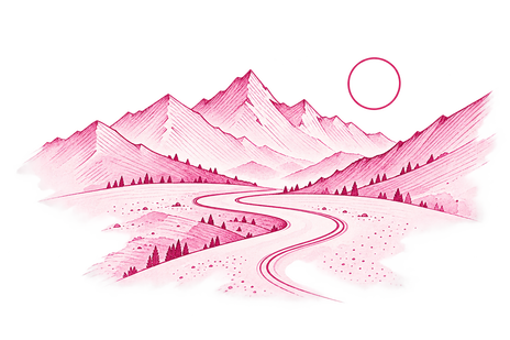 A drawn road winding through a valley toward the mountains.